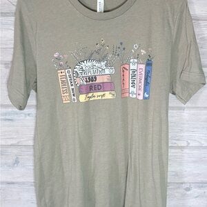 Taylor Swift Sage Green Short Sleeve Graphic Tee with Pastel Bookstack